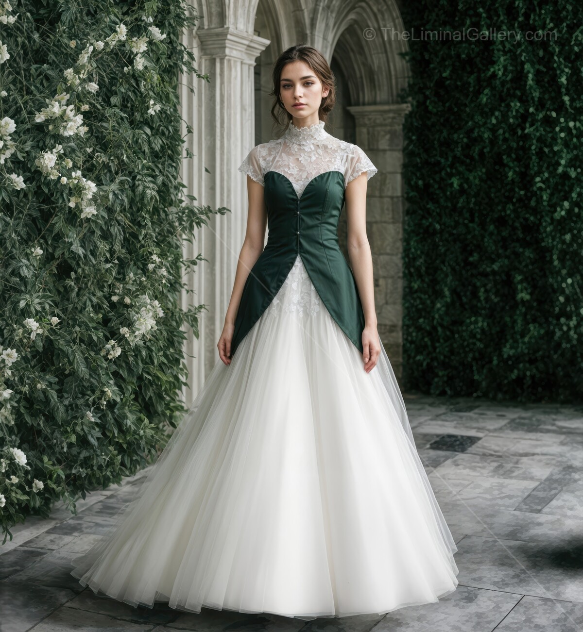 Elegant bridal gown with intricate lace and green accents in a lush garden setting