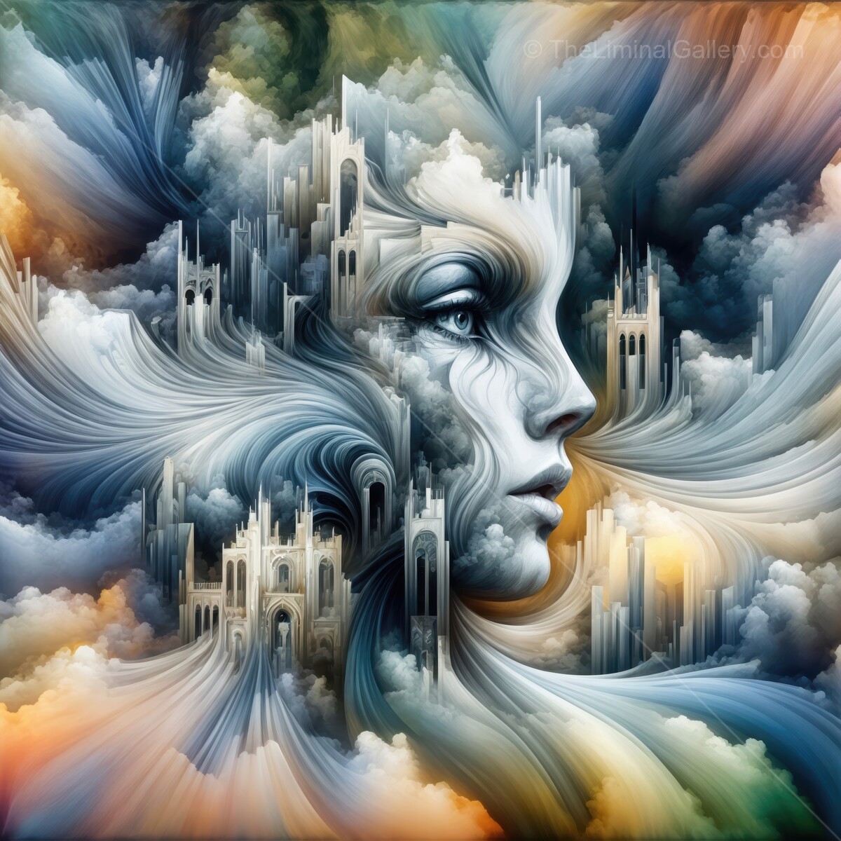 Whispers of a dreamscape with ethereal architecture and a serene visage under swirling clouds