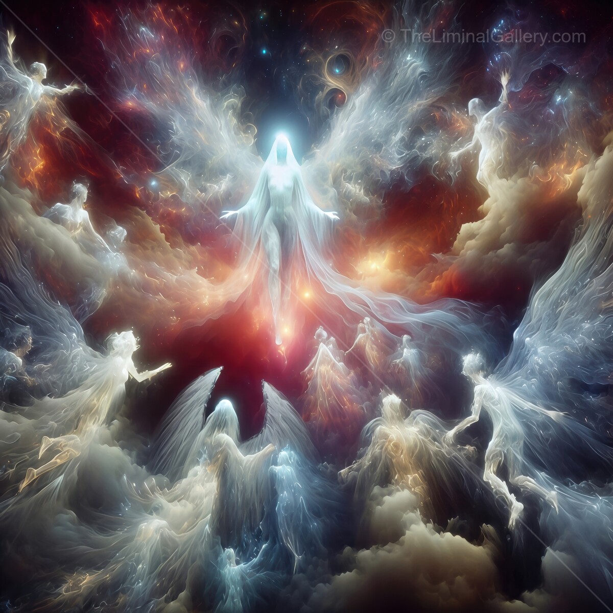 Celestial beings unite in the cosmos, creating a breathtaking dance of light and spirit beyond earthly realms