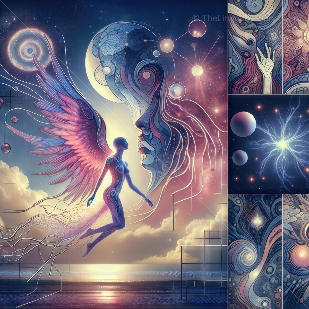 Celestial beings dance in harmony under the cosmic tapestry of vibrant colors at twilight