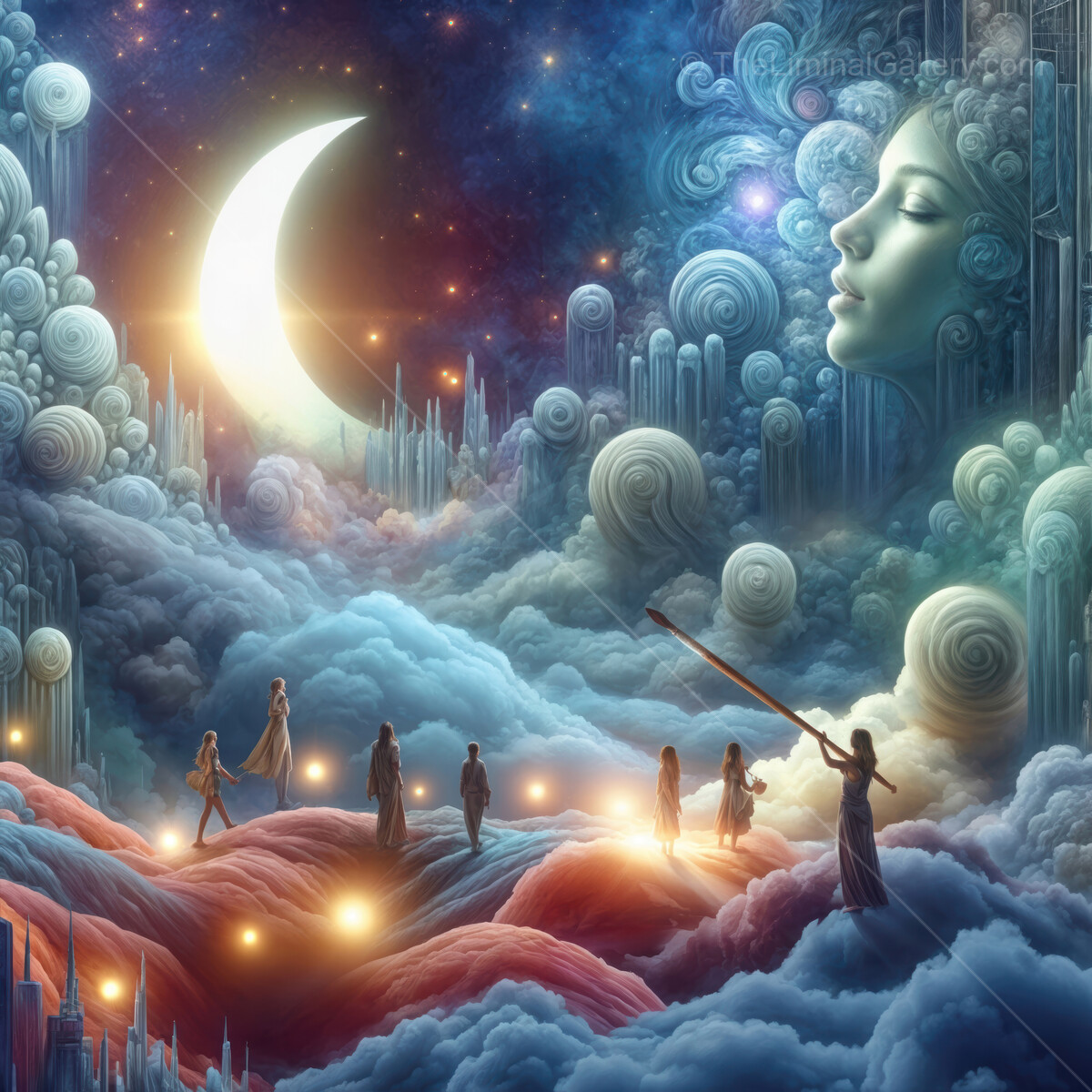 Celestial journey through dreamlike landscapes and ethereal figures in a mystical realm