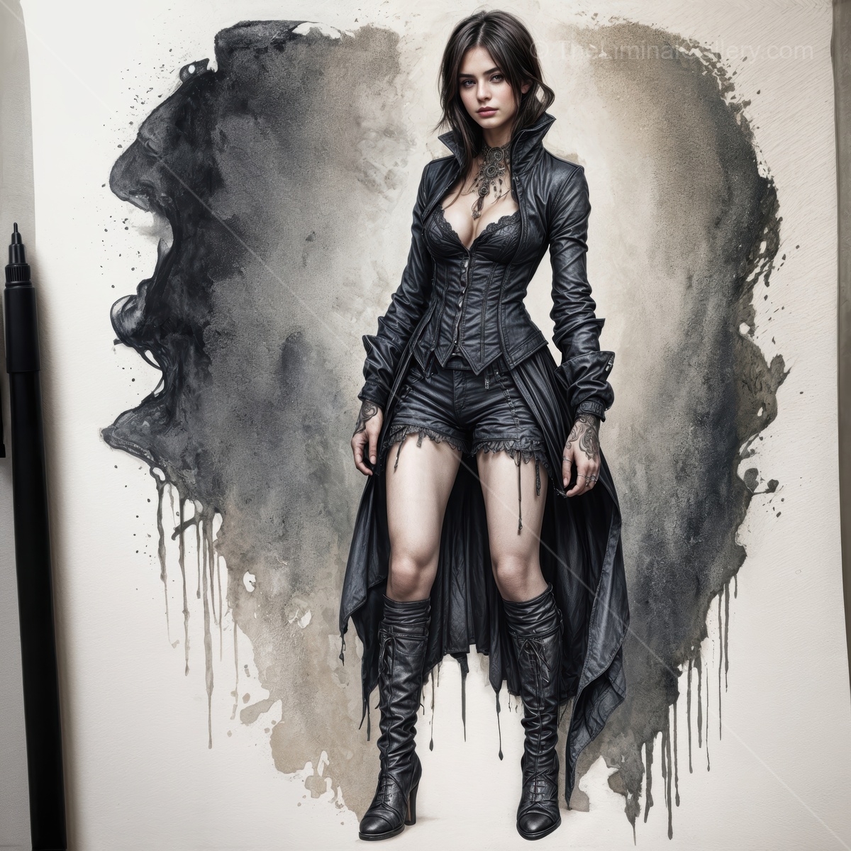 Striking woman in dark fashion with intricate tattoos and bold style poses confidently against an artistic backdrop