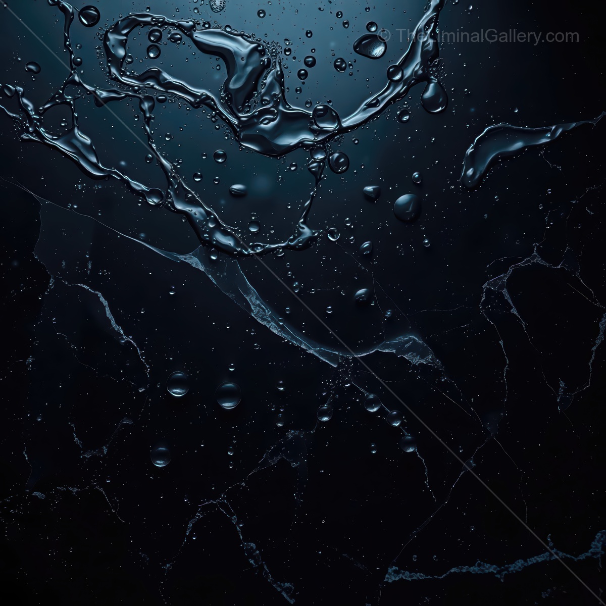 Dark marble surface with glistening water droplets creating an elegant and mysterious atmosphere at night