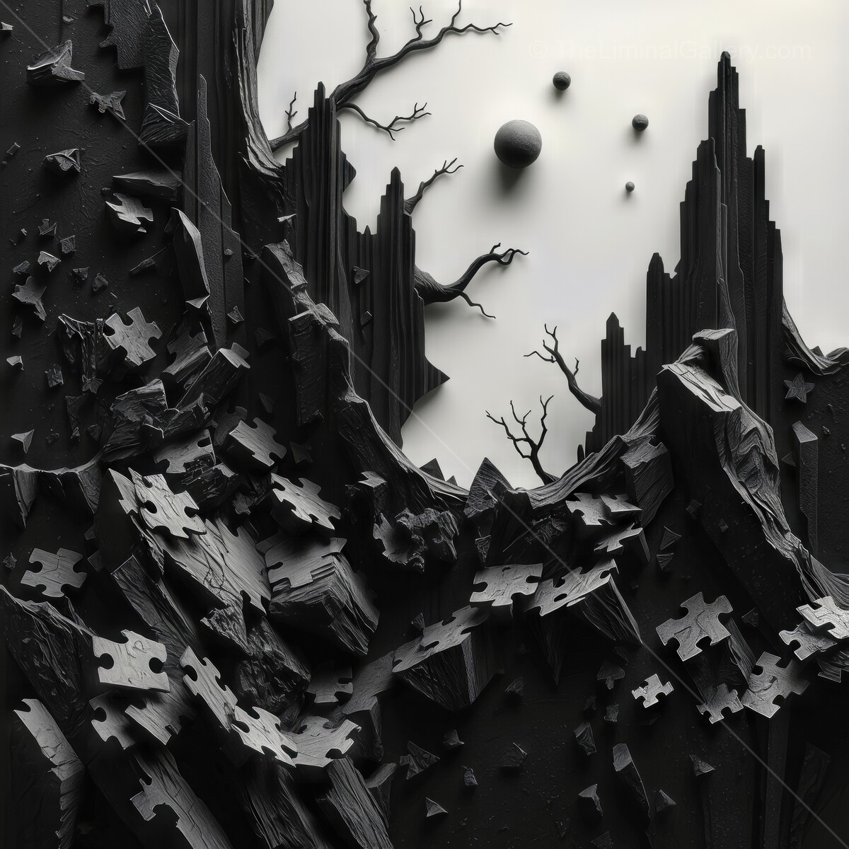 Creating an abstract landscape of darkness with puzzle pieces and celestial forms in black and white tones