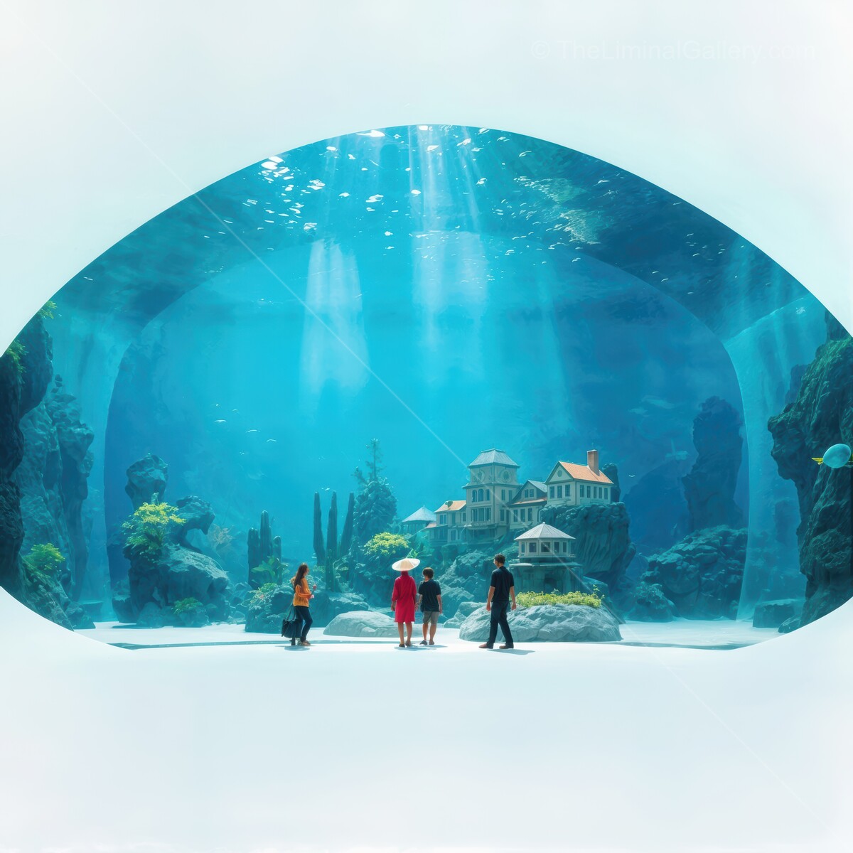 Deep blue reflections in an underwater paradise featuring families exploring marine wonders in a serene environment