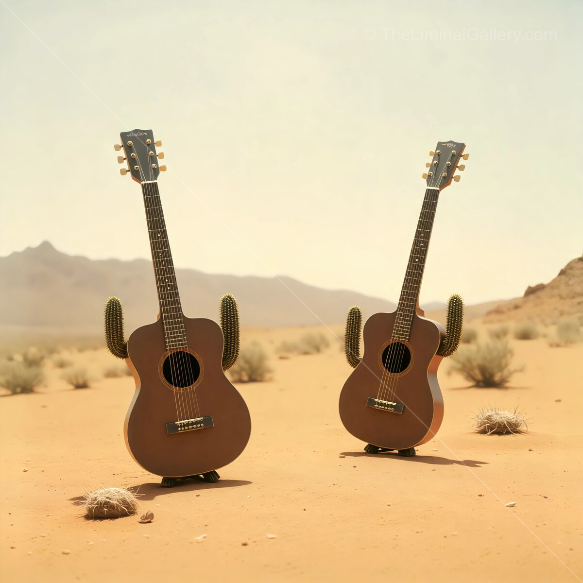Two guitars standing in an endless desert landscape with cacti as their arms under a bright blue sky