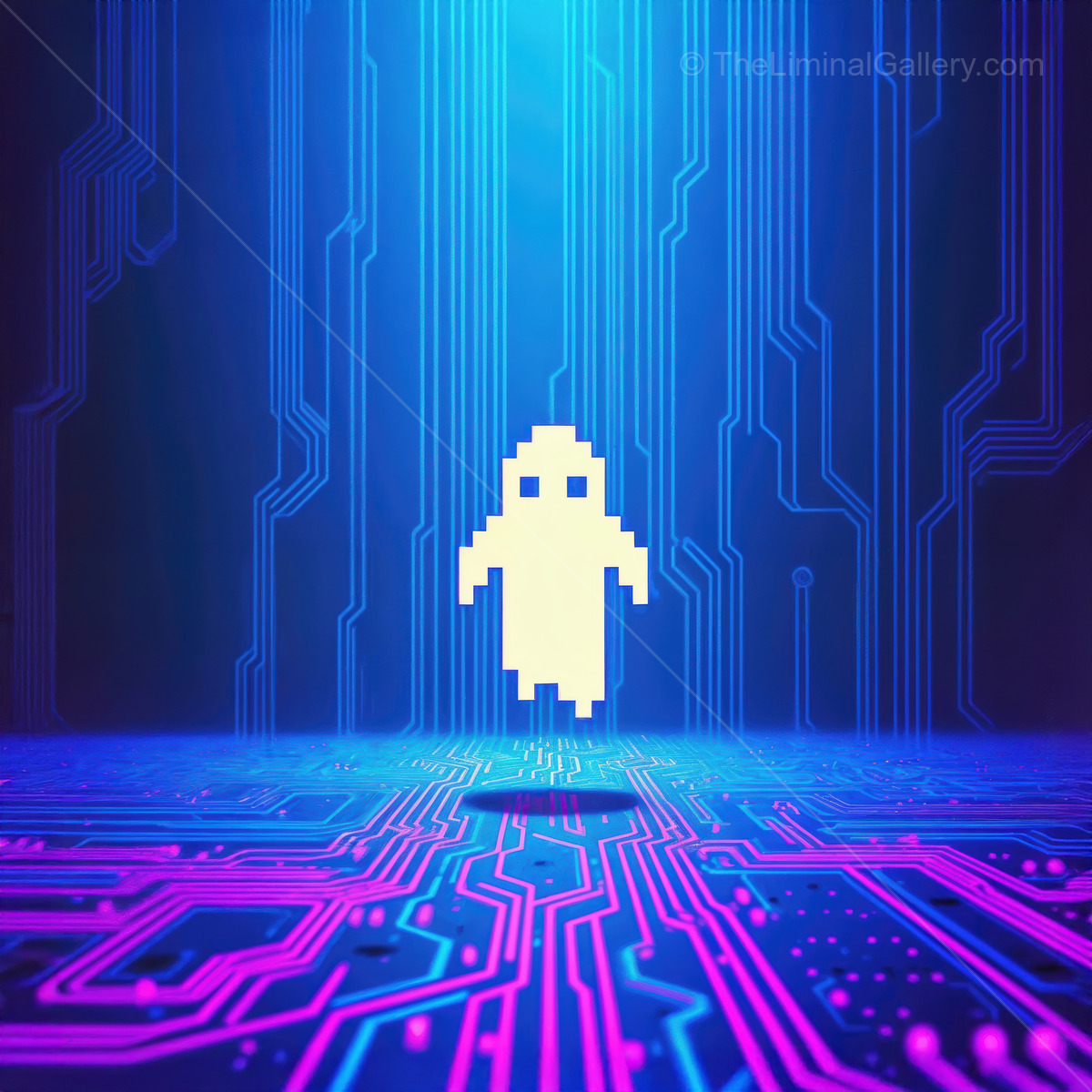 Digital ghost emerges in a futuristic landscape filled with vibrant circuits and blue glowing lights at dusk