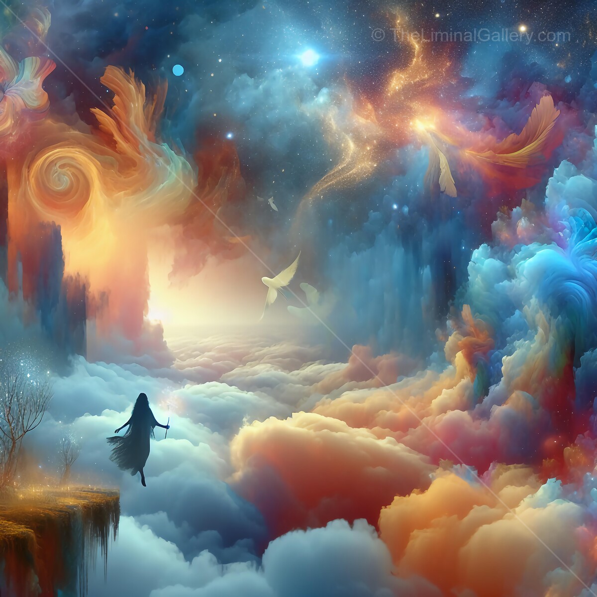 Dreamlike journey through colorful clouds at dawn with ethereal figures and vibrant cosmic elements