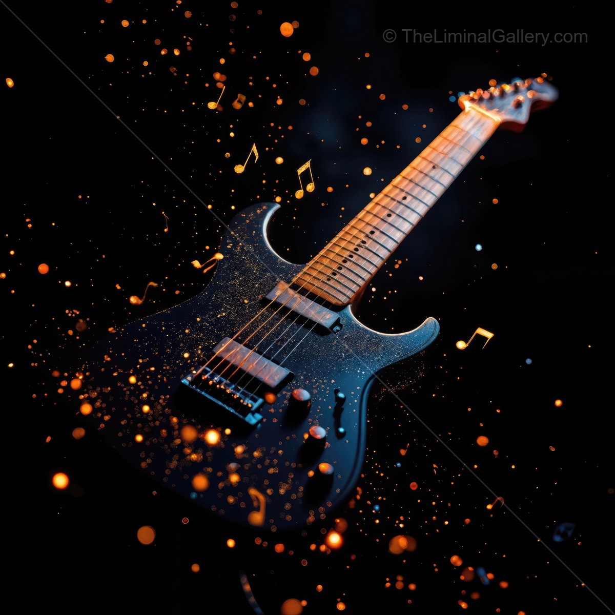 Melody and light dance together as an electric guitar shines against a dark backdrop, highlighting vibrant musical notes and sparks of creativity
