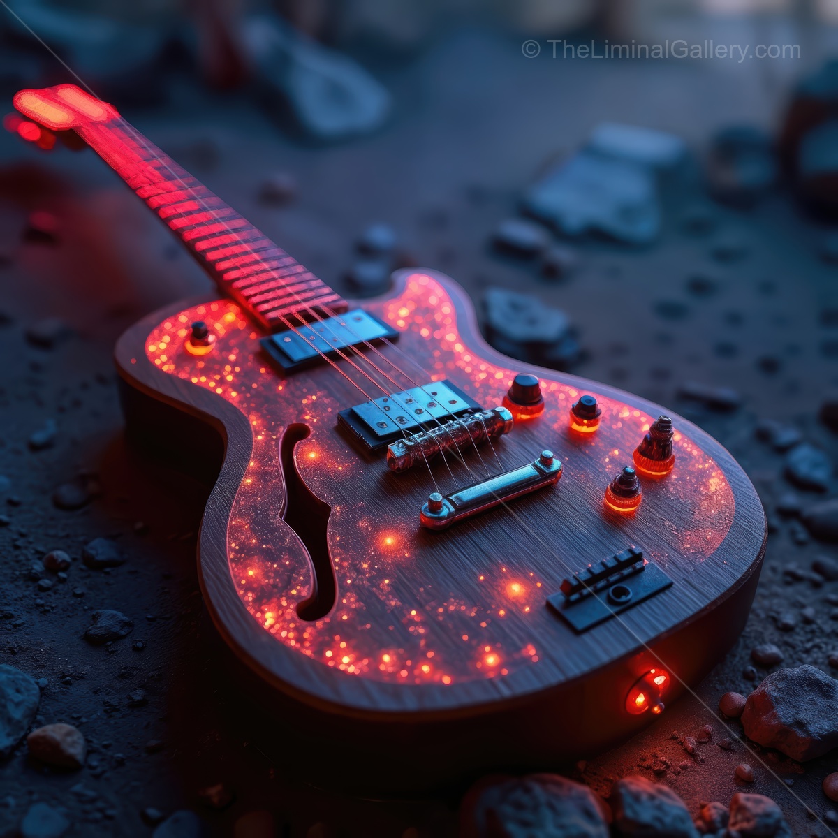 Creative electric guitar with glowing lights in a rocky setting at twilight