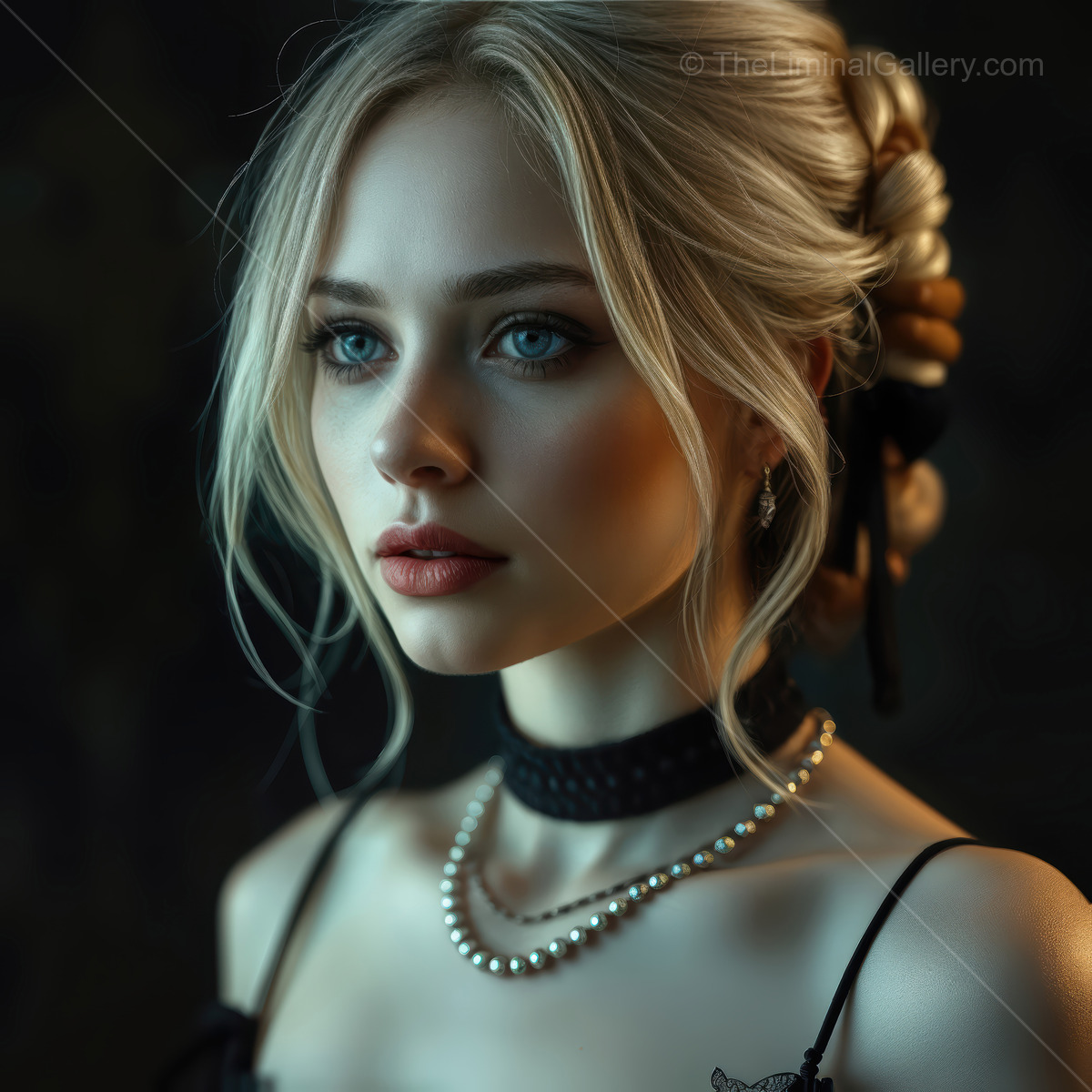 Elegant young woman in soft lighting showcasing sophistication and style with captivating blue eyes and exquisite jewelry