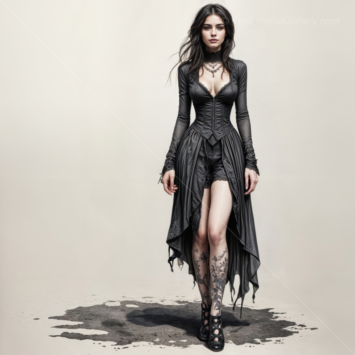 Mysterious woman in dark attire exudes elegance in an enchanting setting