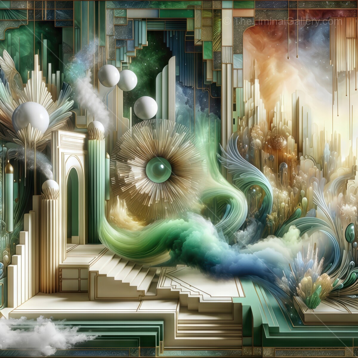 Intricate dreamscape featuring ethereal forms and vibrant colors in a surreal landscape