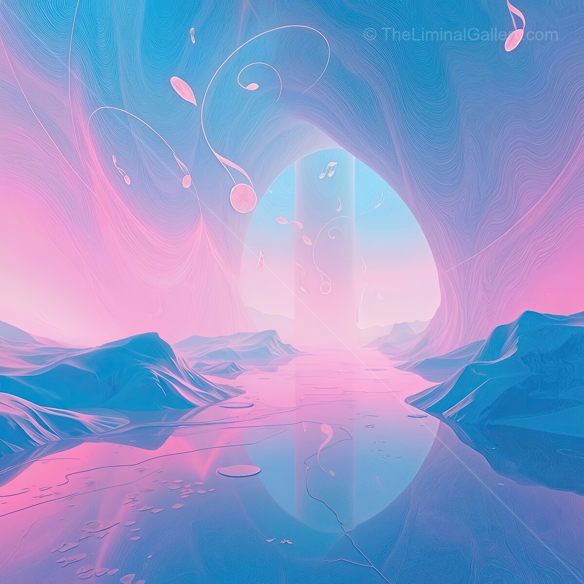 Enchanting pastel landscape with musical notes floating in a serene, reflective environment