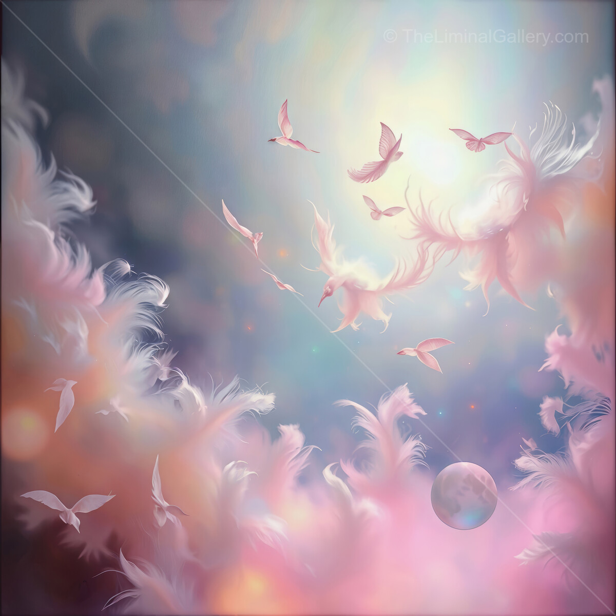 Ethereal fantasy landscape with flying creatures amidst colorful clouds and celestial elements