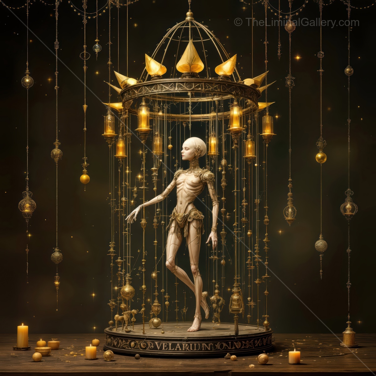 Enigmatic figure surrounded by intricate lights and shadows in a mystical setting evoking a sense of wonder and curiosity