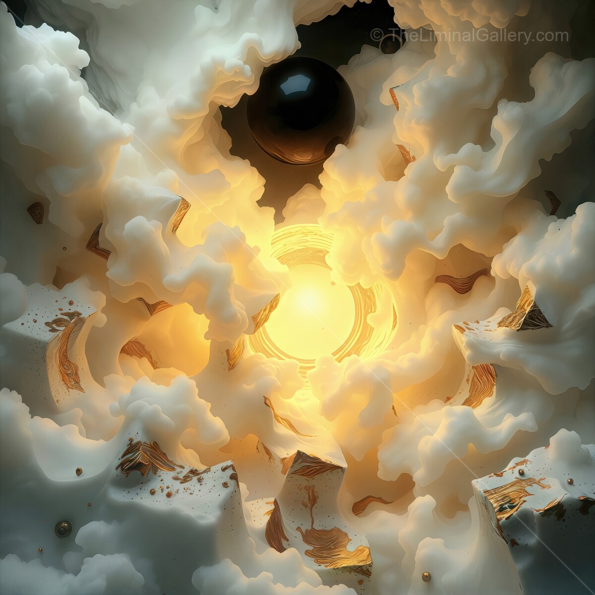 Ethereal light emerges from a swirling cloud of cosmic textures and shadows in a dreamlike setting