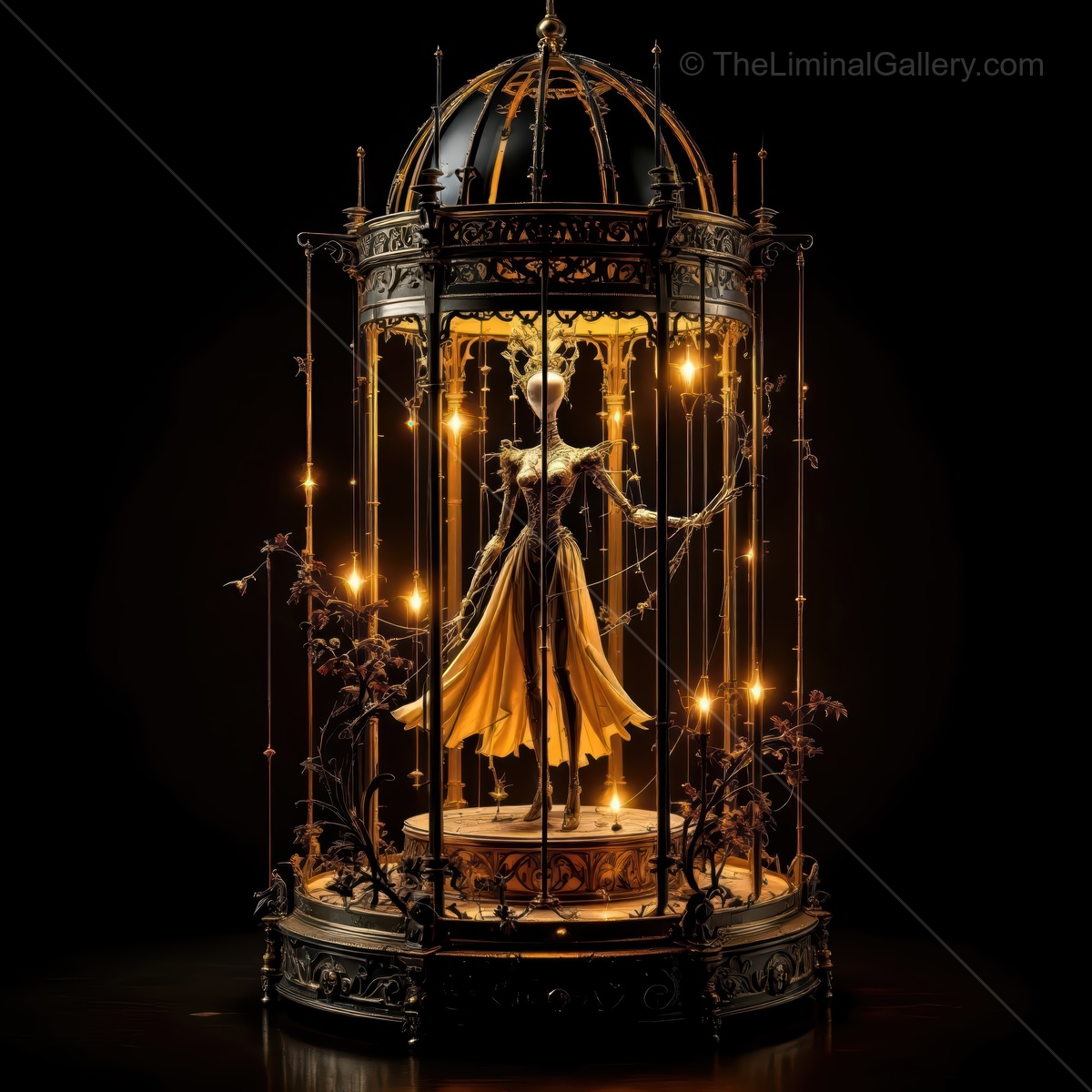 Elegant figure in a vintage cage surrounded by glowing lights in a dimly lit setting, creating a magical atmosphere of enchantment and mystery