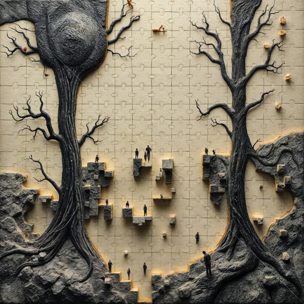 Mysterious figures explore an abstract puzzle landscape beneath twisting trees