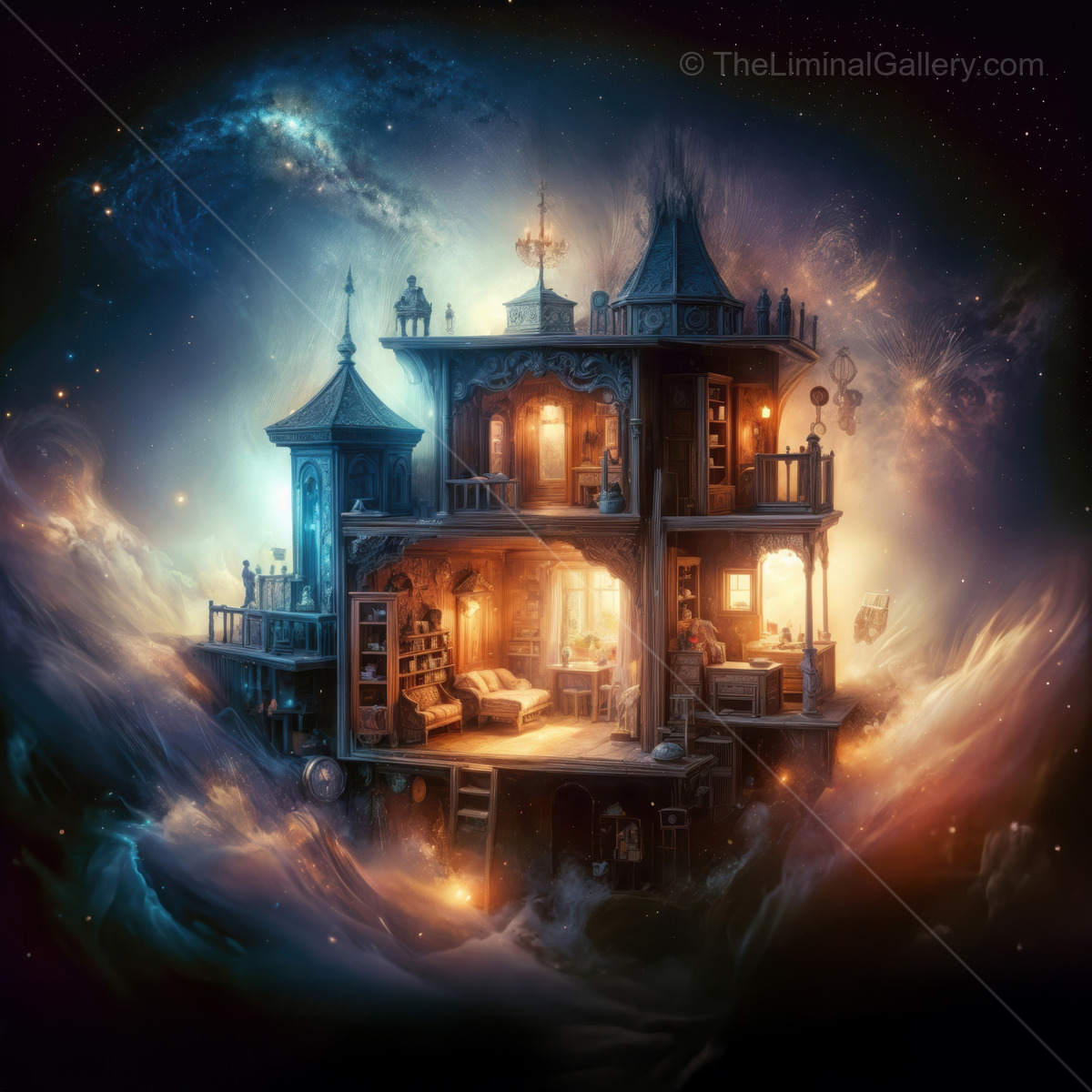 Enchanted floating house in a cosmic dreamland filled with glowing lights and swirling galaxies