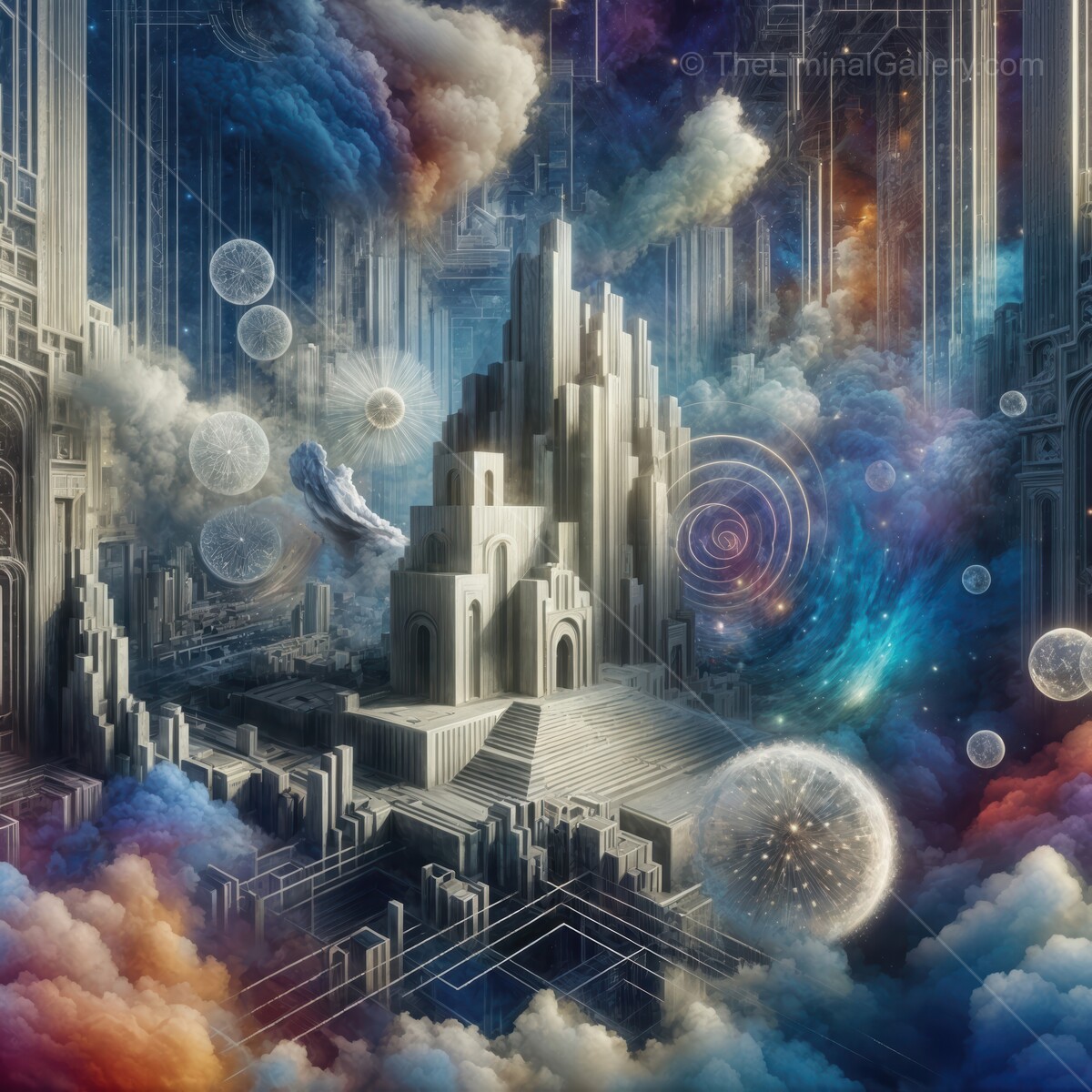 Ethereal realm of floating structures and cosmic clouds at dusk