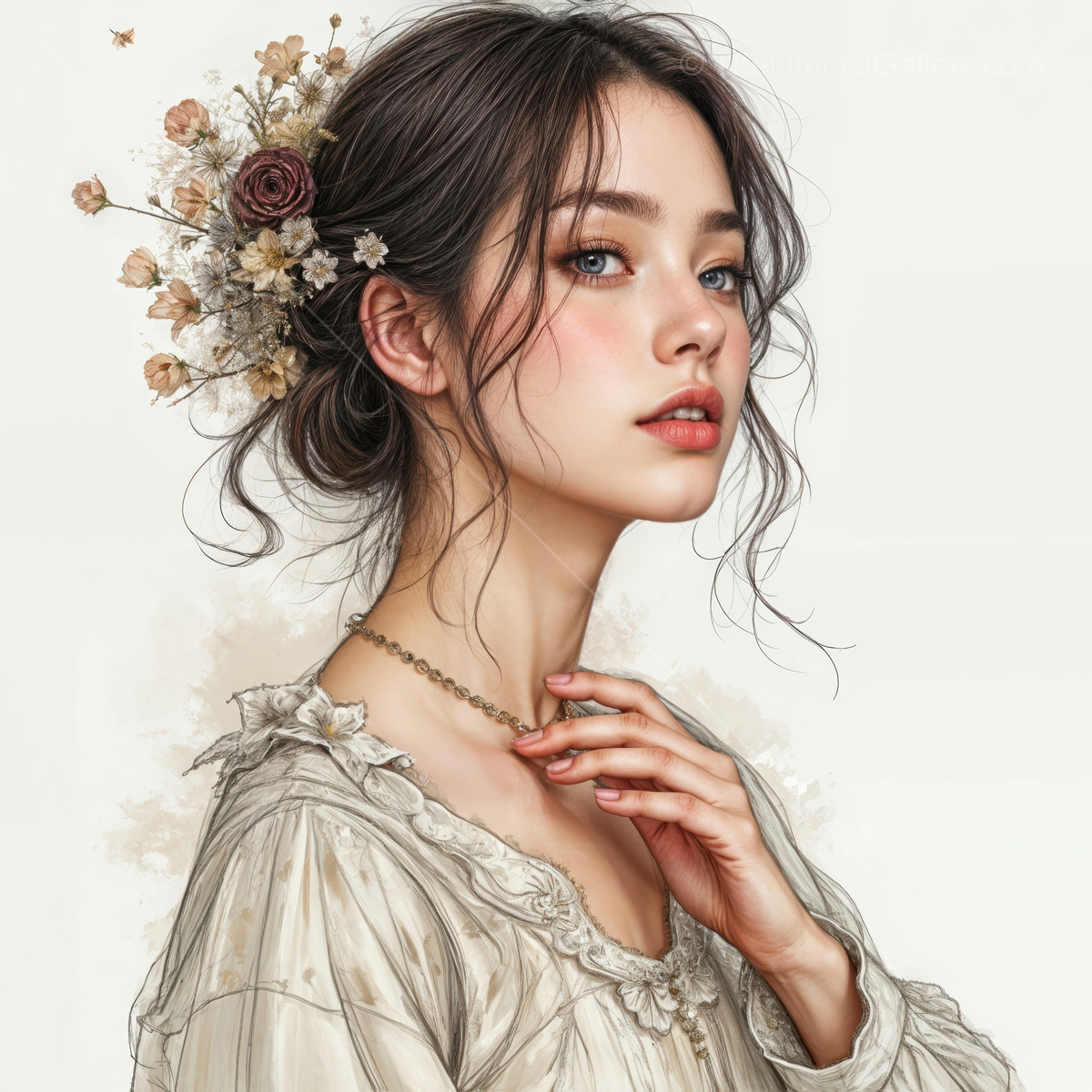 Elegant portrait of a young woman adorned with flowers in a soft, romantic setting captured during golden hour light