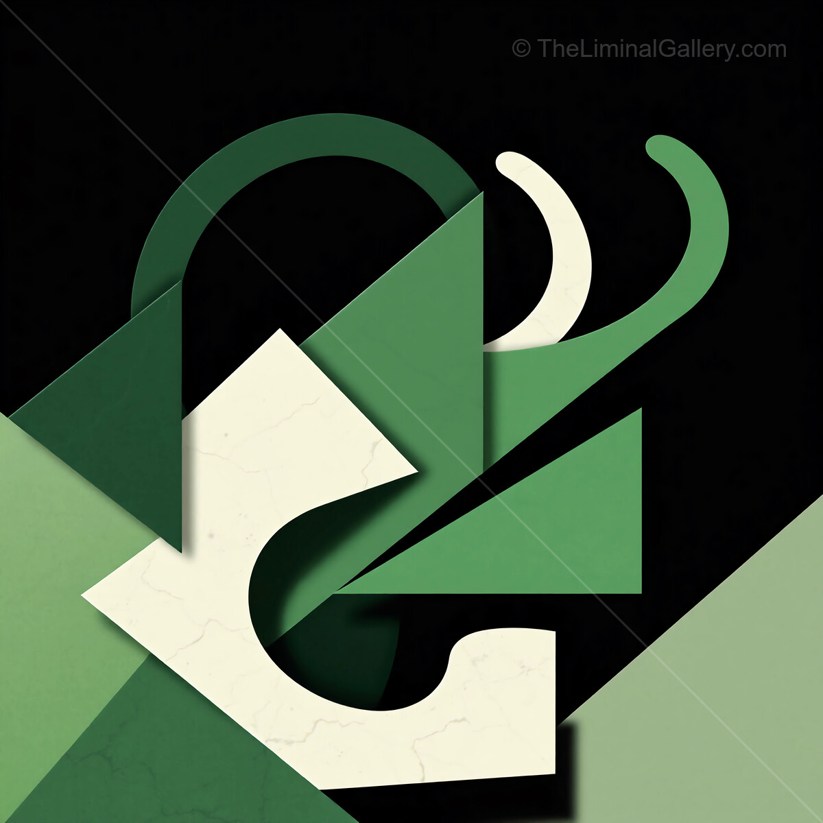 Geometric shapes intertwine in a green and white abstract composition showcasing depth and complexity