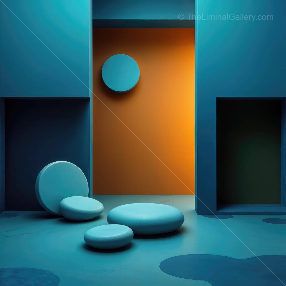 Vibrant interplay of shapes and colors in a minimalist architectural space during twilight hours