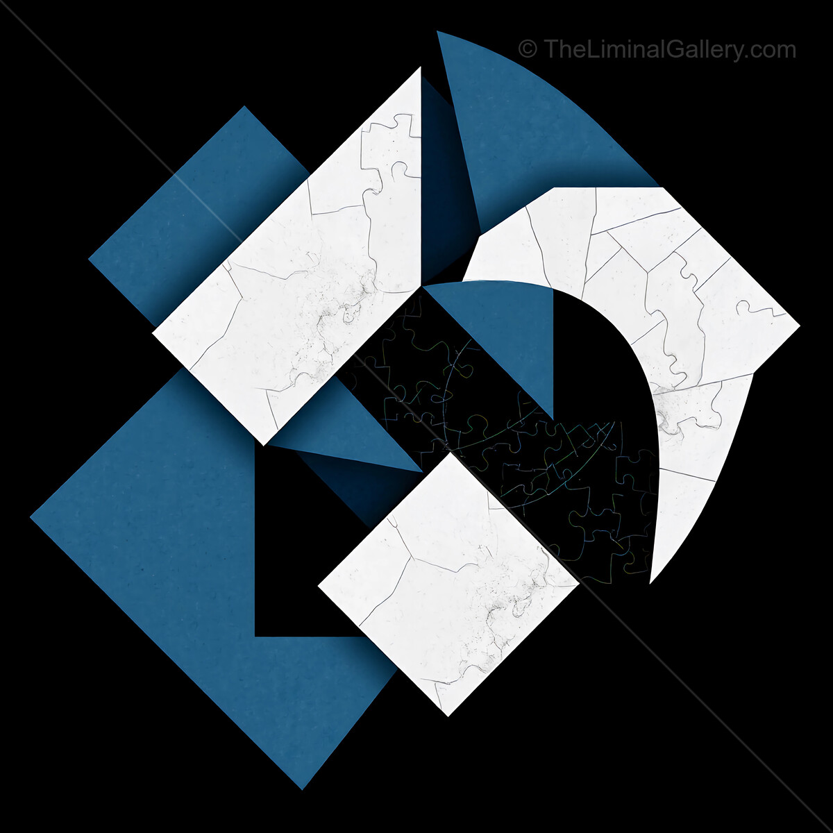 Geometric puzzle pieces intertwine in modern art installation with bold contrasting colors