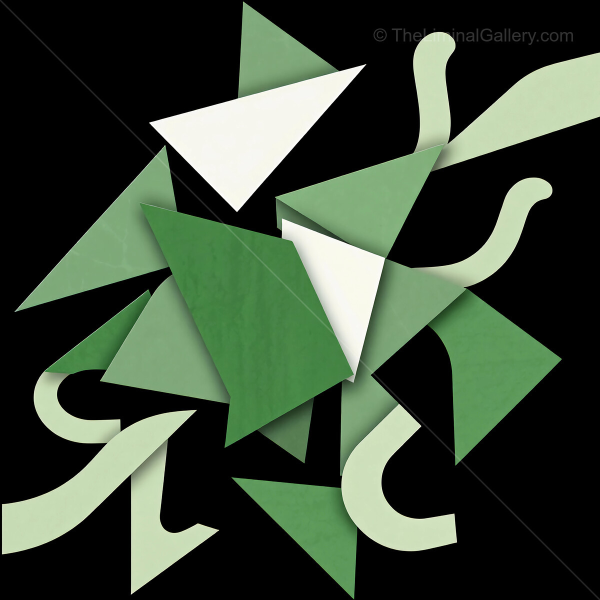 Complex geometric shapes in shades of green create a striking arrangement on a dark background