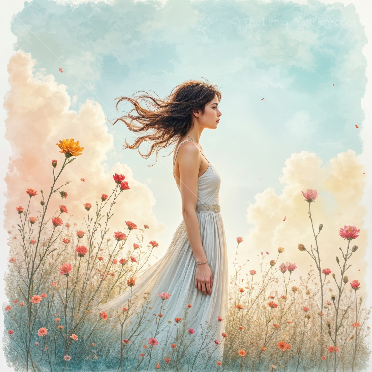 Girl in a flowing dress stands among vibrant flowers under a dreamy sky at sunset