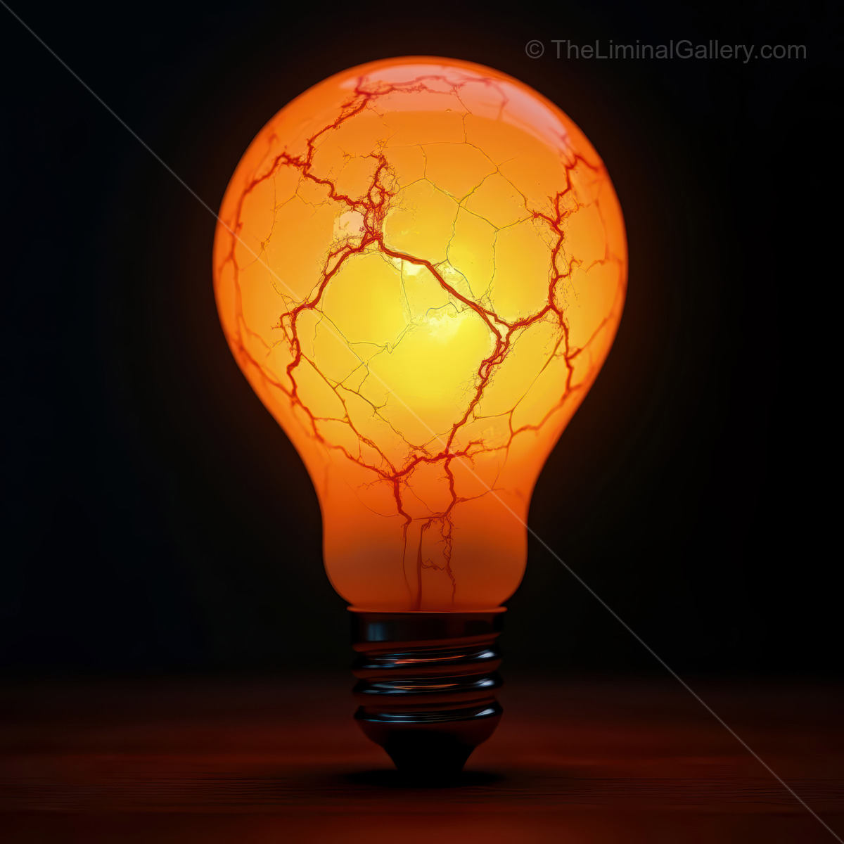 Illuminated glass bulb with vibrant cracks glowing in dark background creates a mesmerizing visual effect