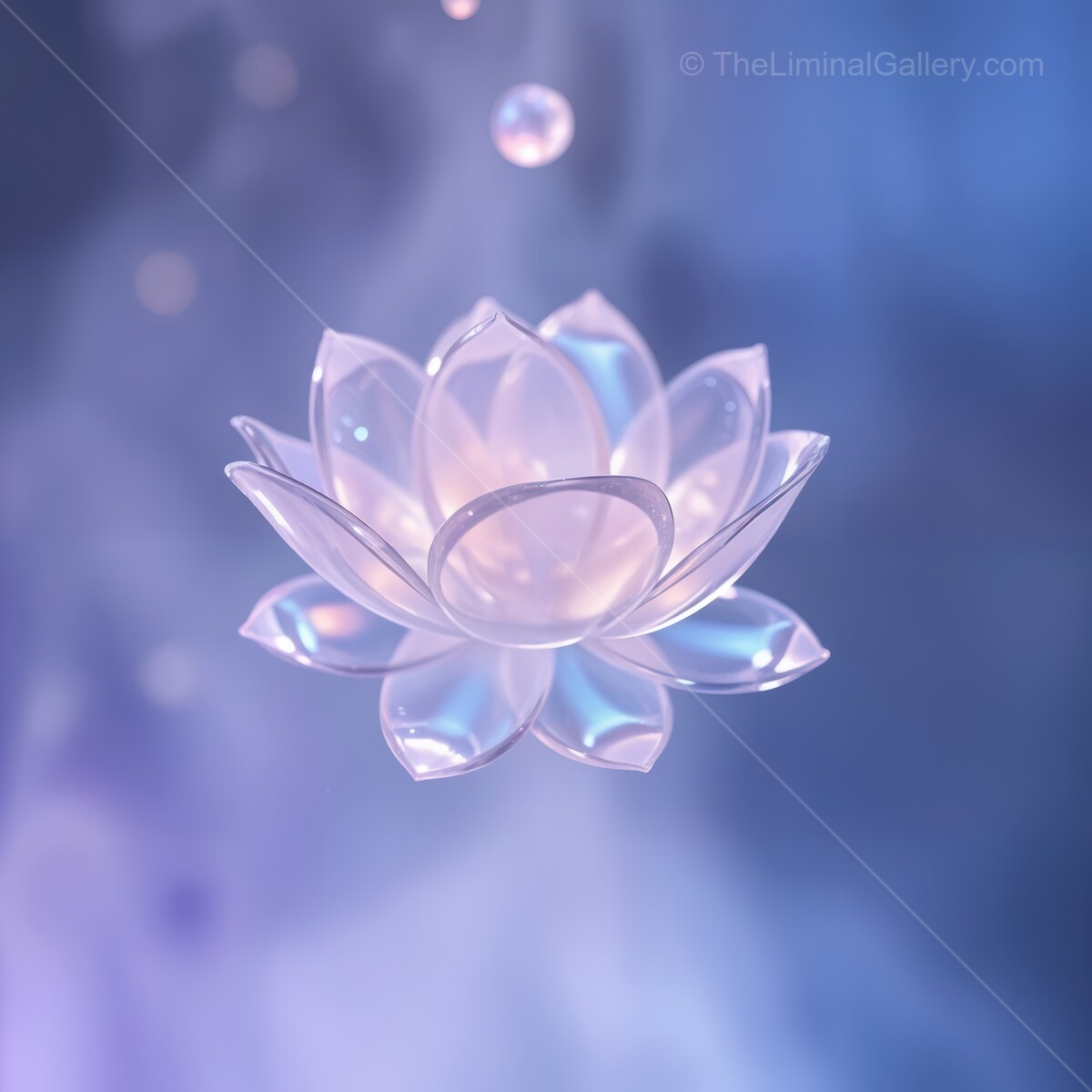 Delicate glowing lotus flower floating in serene water mist with gentle light reflections