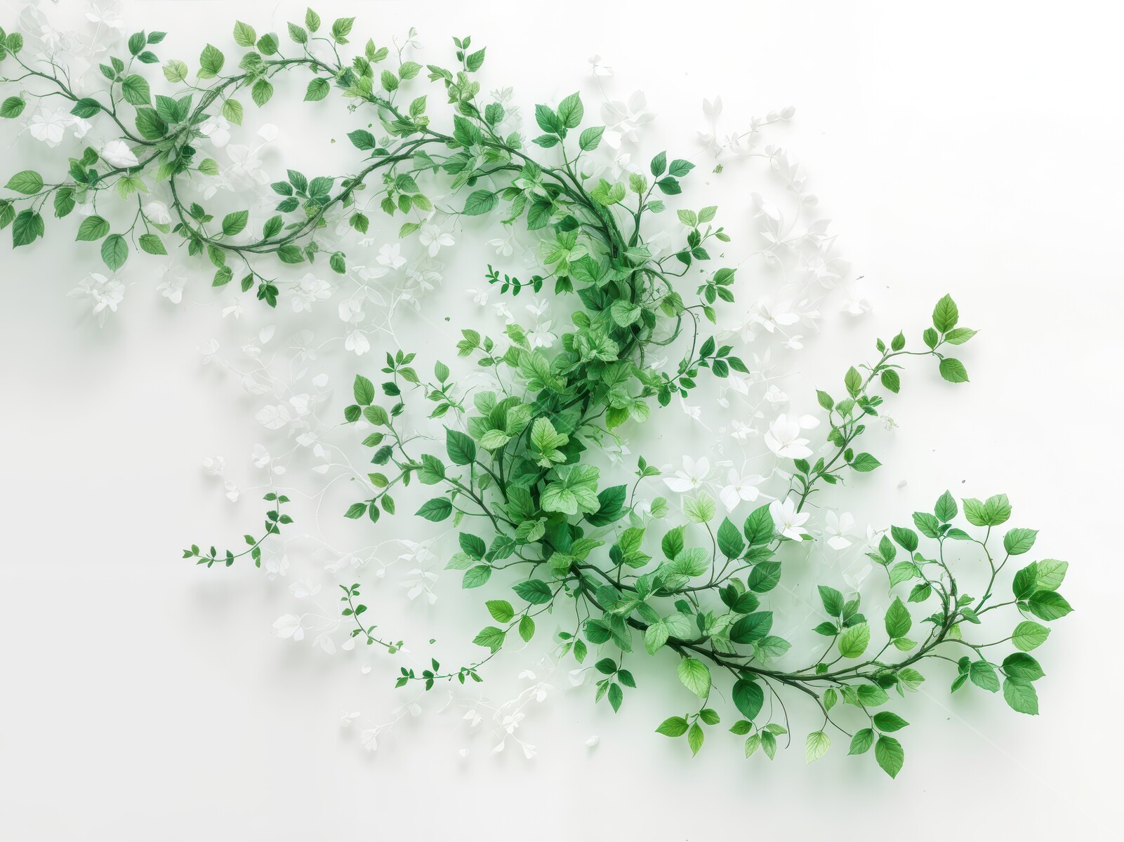 Intricate green vines and delicate white flowers create a serene botanical pattern in a tranquil setting
