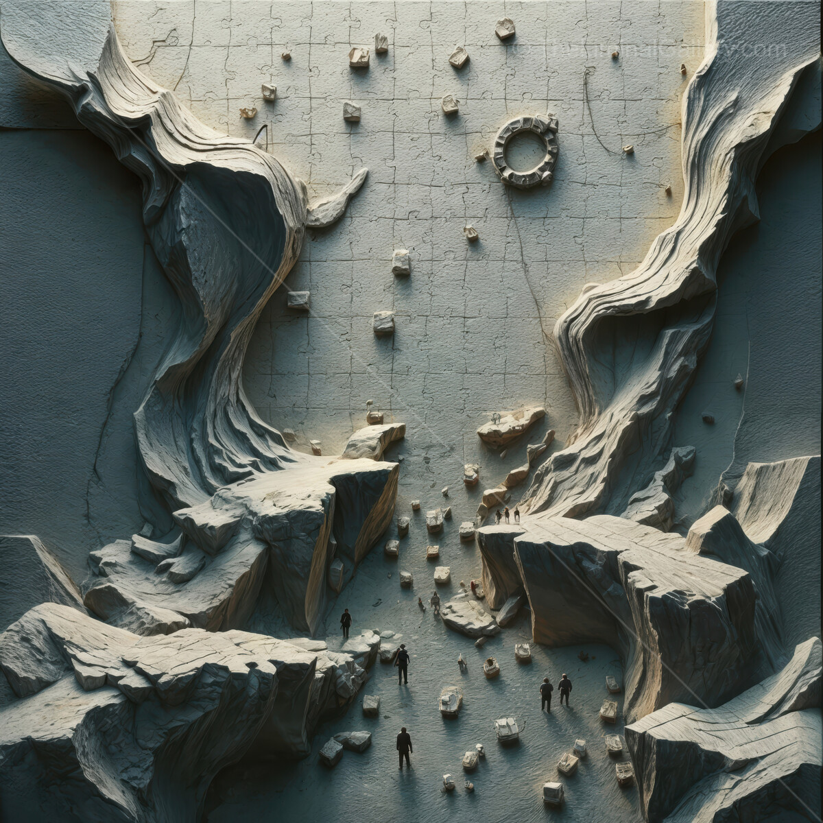 Intricate puzzle landscape invites exploration and discovery under soft lighting