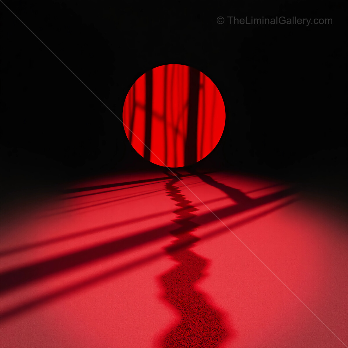 Striking interplay of light and shadows creates a surreal red circle in a dimly lit liminal space