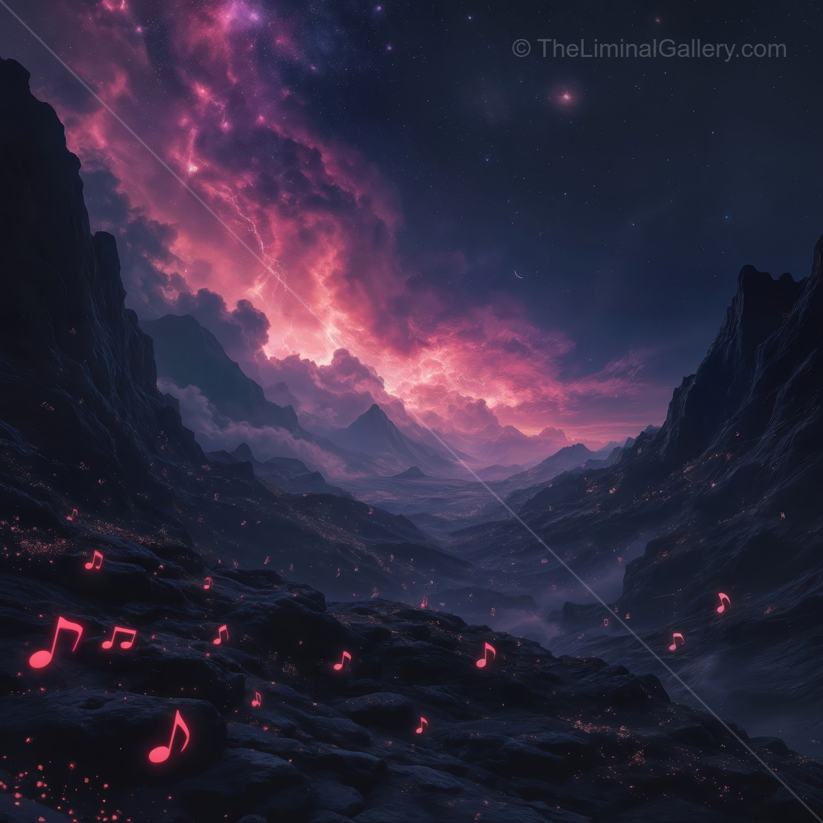 Vast cosmic landscape filled with vibrant melodies under a starlit sky