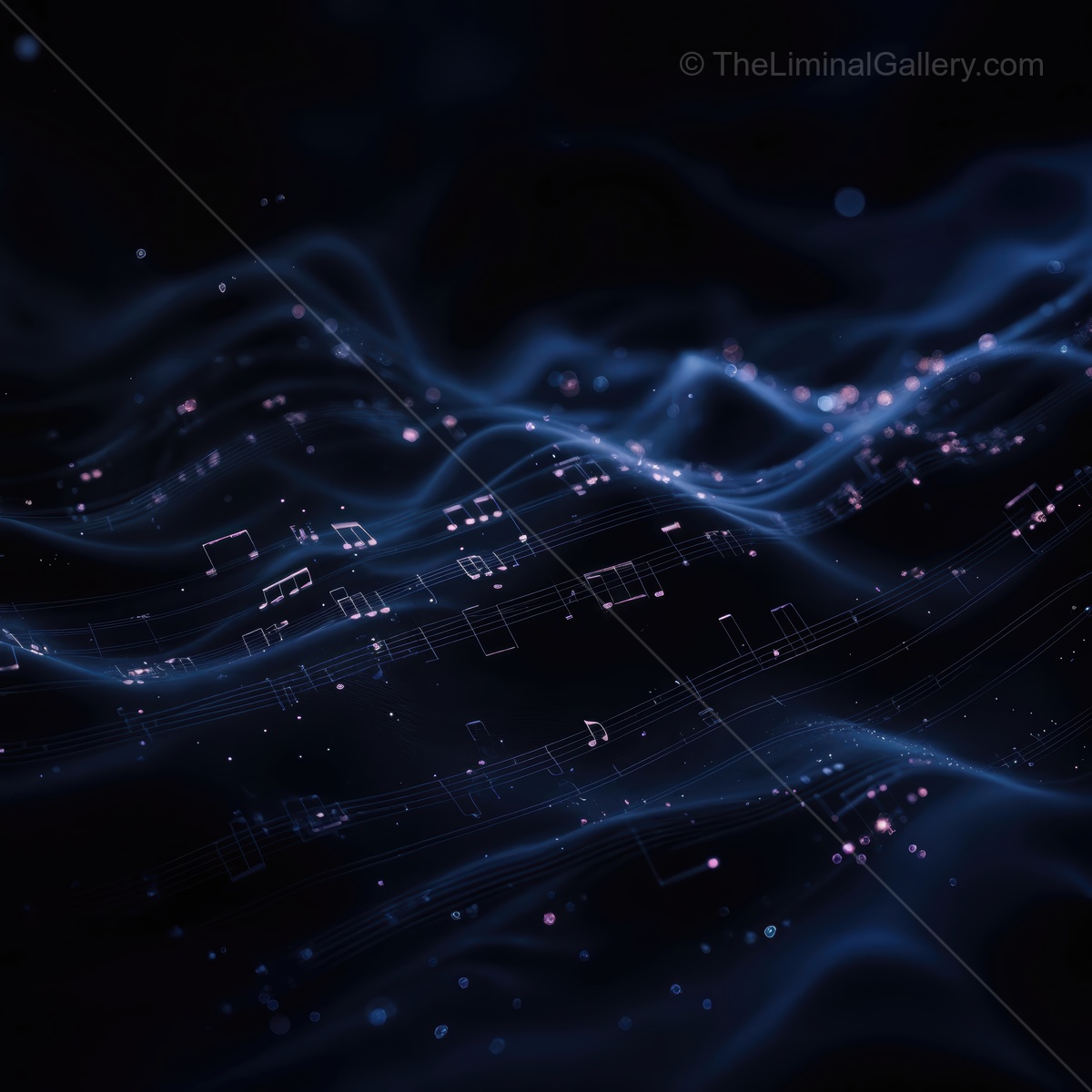 Vibrant melody waves dance in the dark, creating a mystical atmosphere full of sound and light