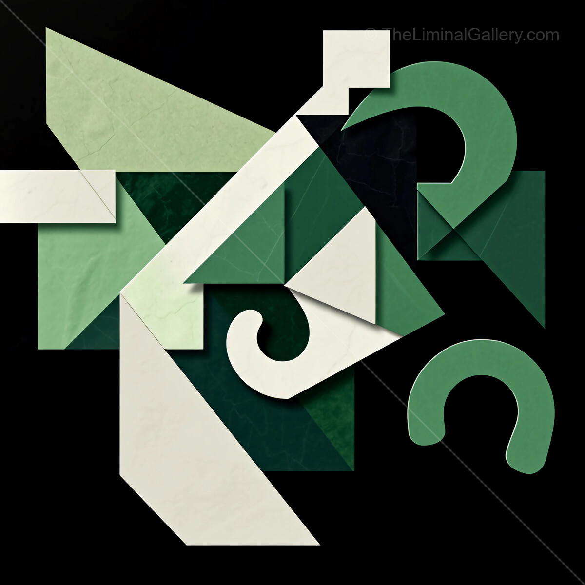 Abstract composition of geometric shapes in shades of green and white creates a modern artistic expression