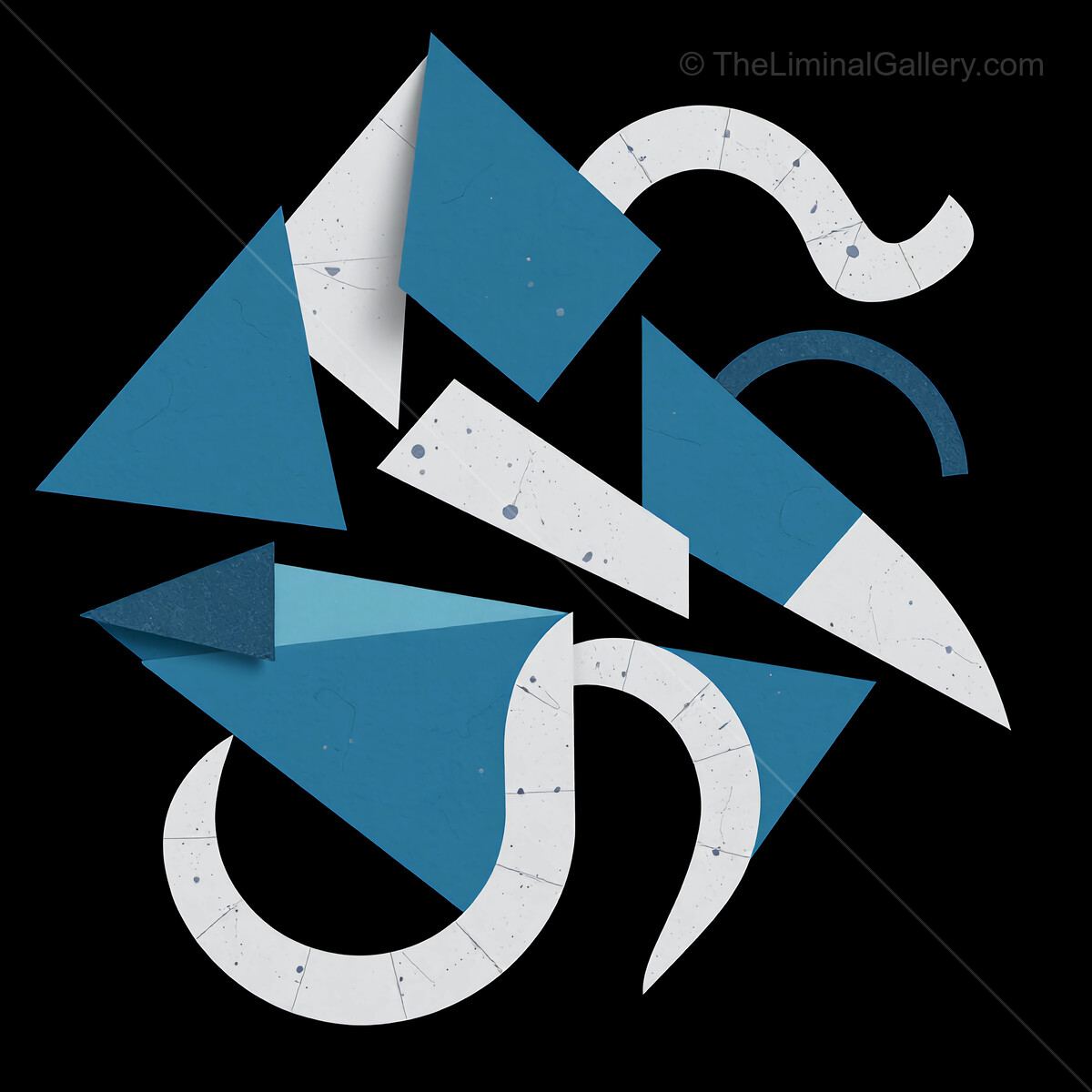 Dynamic interplay of geometric shapes in vibrant blue tones and textured whites on a black background