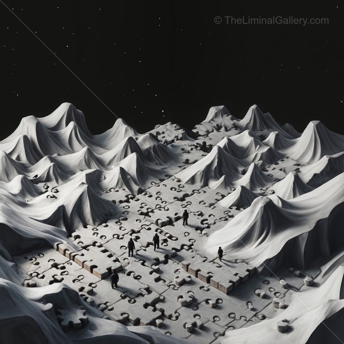 Mountainous puzzle landscape revealing tiny figures exploring vast terrain at night