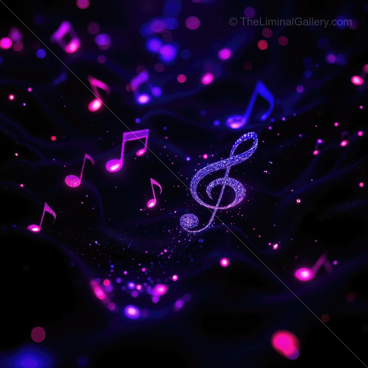 Vibrant music notes dance in a cosmic swirl of colors and light, creating an enchanting scene of harmony and rhythm