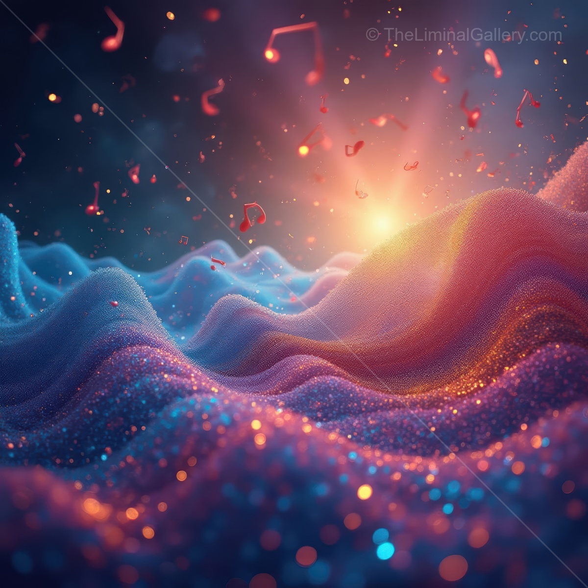 Musical waves glow under a sunset sky while colorful notes dance in the air, creating a vibrant atmosphere of joy and creativity