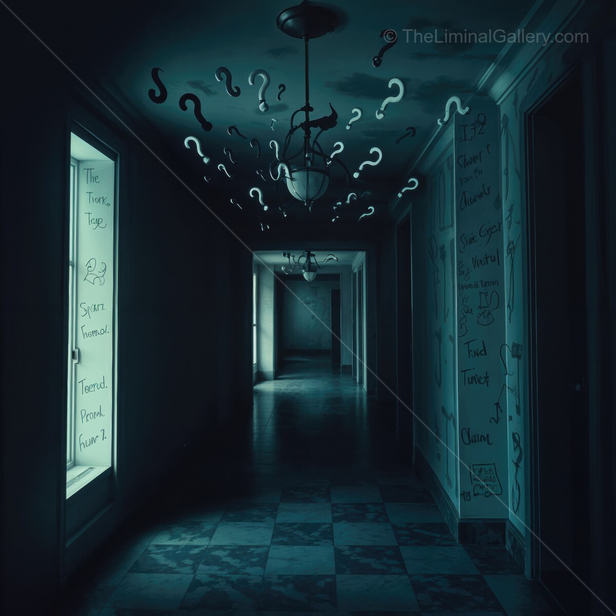 Mysterious deserted hallway illuminated by eerie light and curious symbols evoking a sense of wonder and intrigue