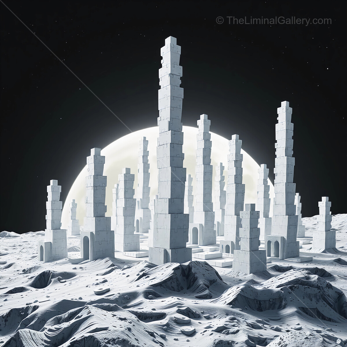 Mystical towers rise on the moon under the luminous glow of a giant celestial body at twilight