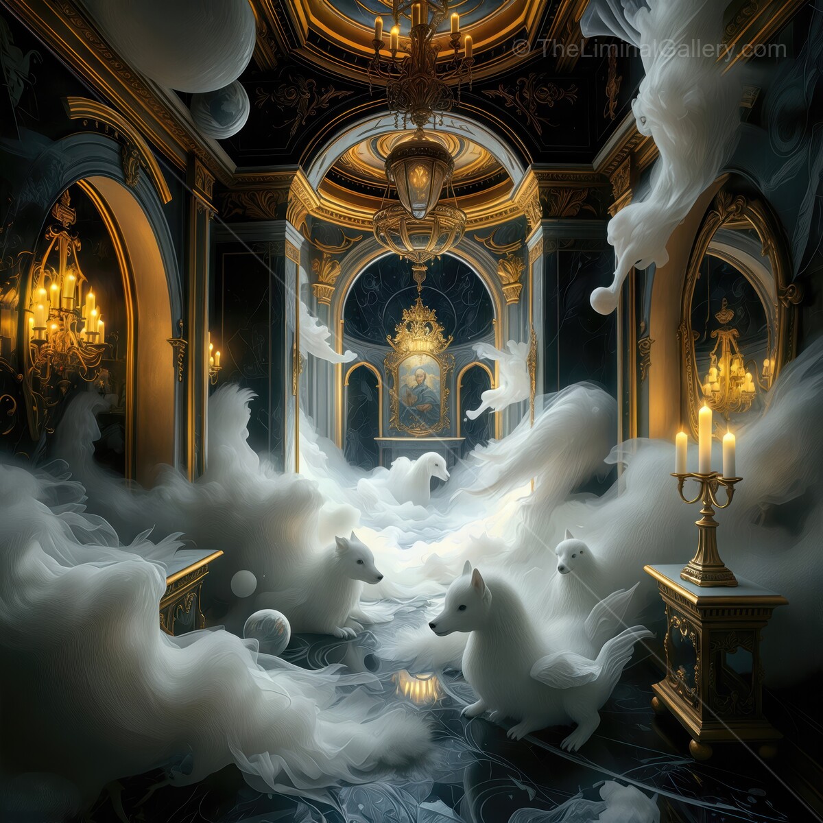 Mystical white dogs wander through an enchanting baroque hall shrouded in elegant mist during twilight