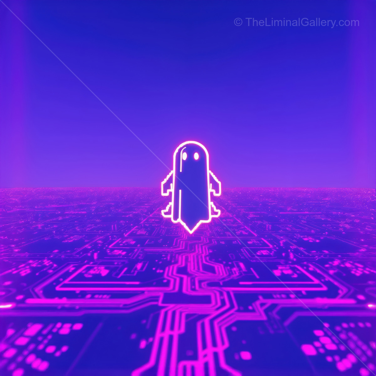 Neon ghost dances in a digital landscape under a vibrant purple sky