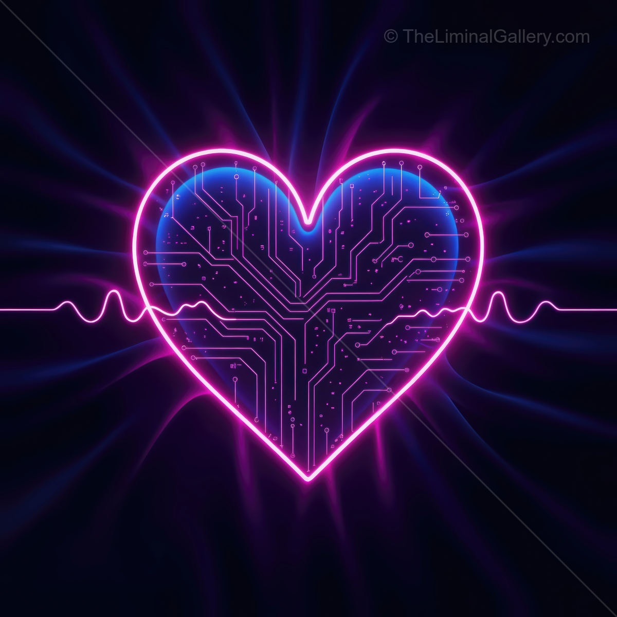 Heart-shaped design featuring glowing circuit patterns with a pulse line against a dark background in a futuristic style