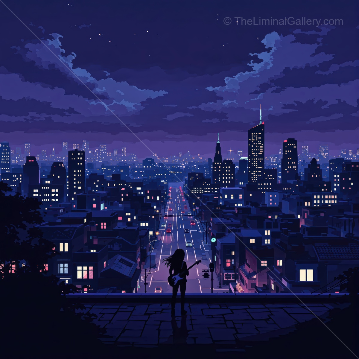 Nighttime cityscape view with glowing lights and an urban skyline filled with stars and clouds