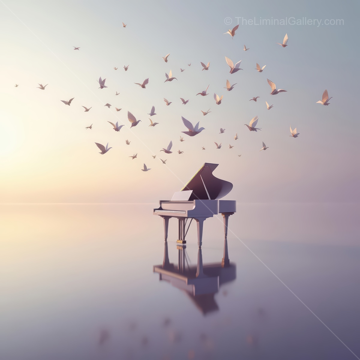Musical freedom takes flight above a serene piano in an enchanting twilight landscape